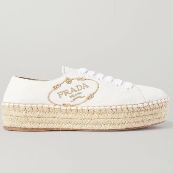 PRADA Leather Logo Lace Up Platform Flat Espadrille Shoes Cream - Picture 1 of 12
